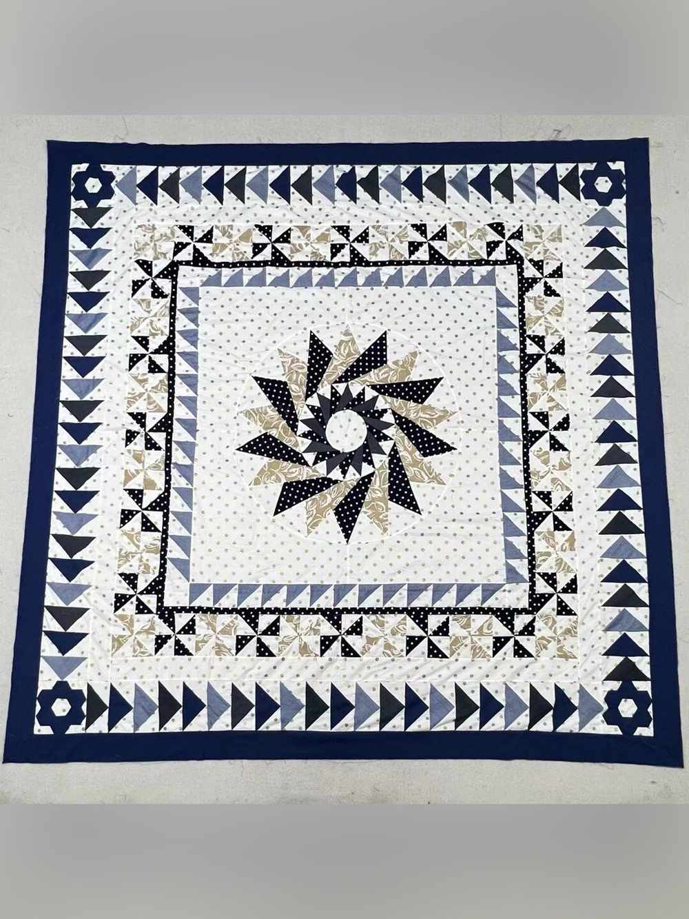 Handmade Indigo Windmill Lattice Patchwork Cotton fabric Queen size Quilt Top/To